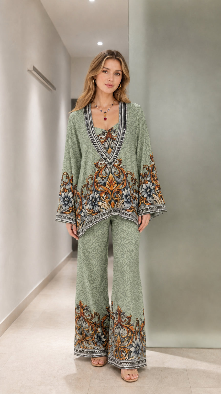 Front full-length view of sage green baroque print matching tunic and pant set