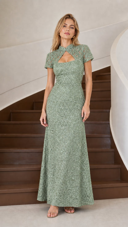 Sage green embroidered sequin evening dress front view