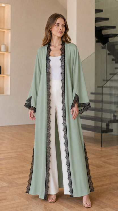 Front view of sage green open-front maxi kimono cardigan with black lace trim
