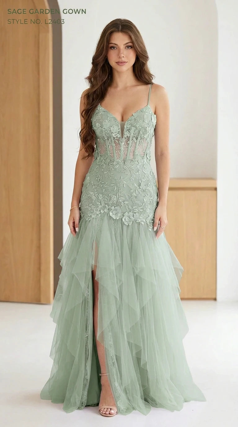 Sage green illusion lace corset tulle formal gown with front slit