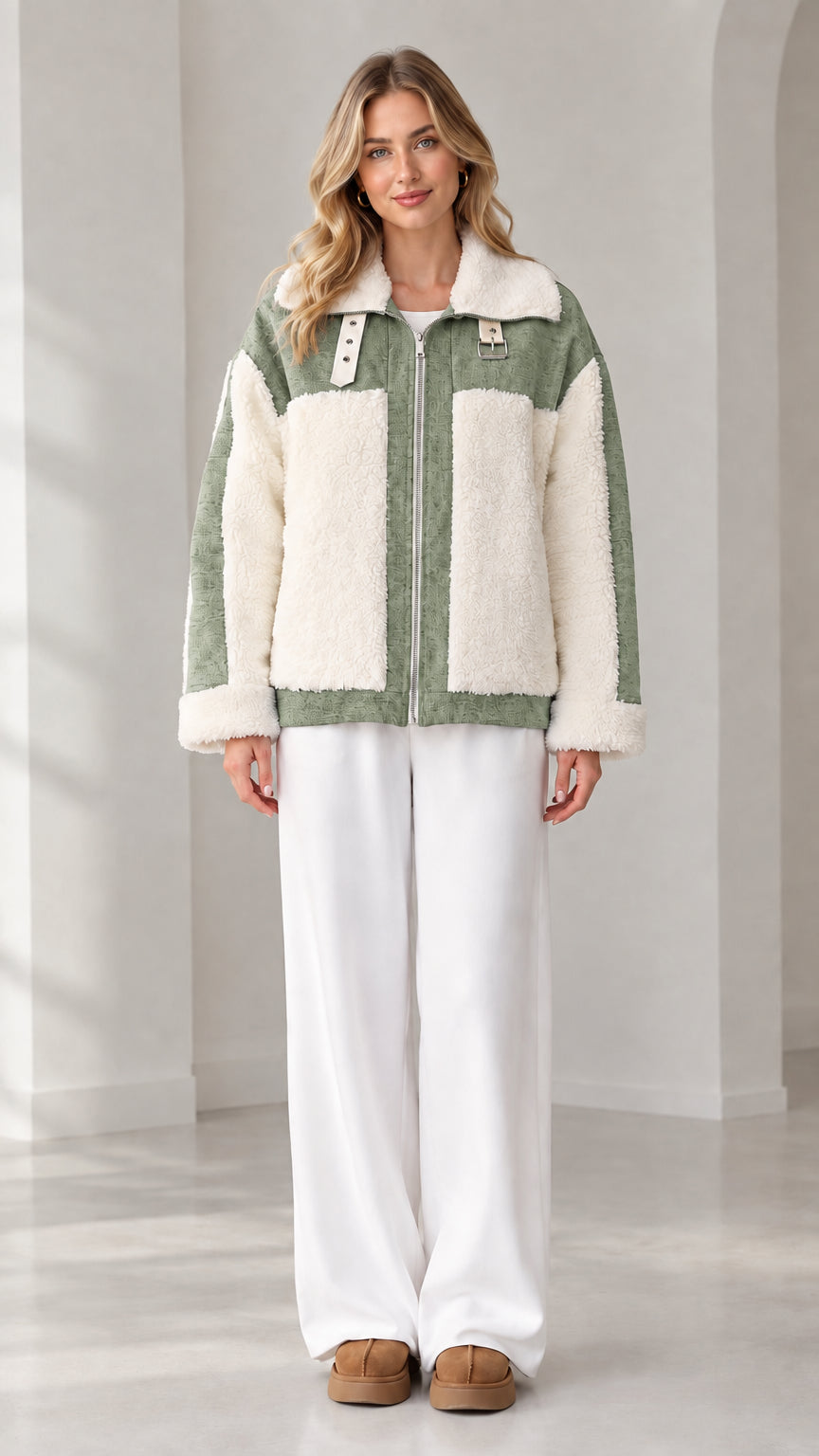 Front view of woman wearing sage green and cream colorblock sherpa fleece zip jacket