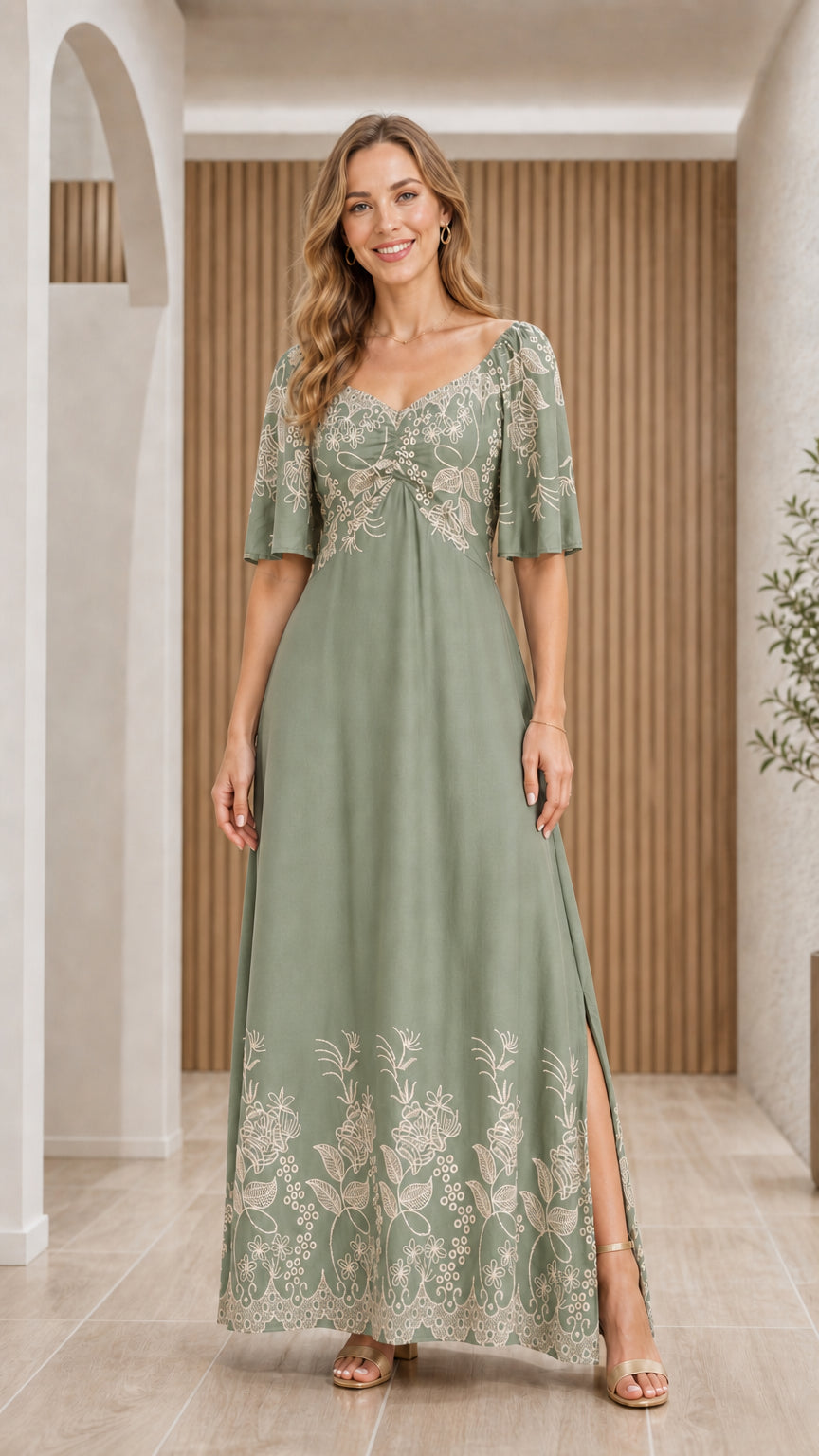 Front view of woman wearing Sage Green floral embroidered maxi dress
