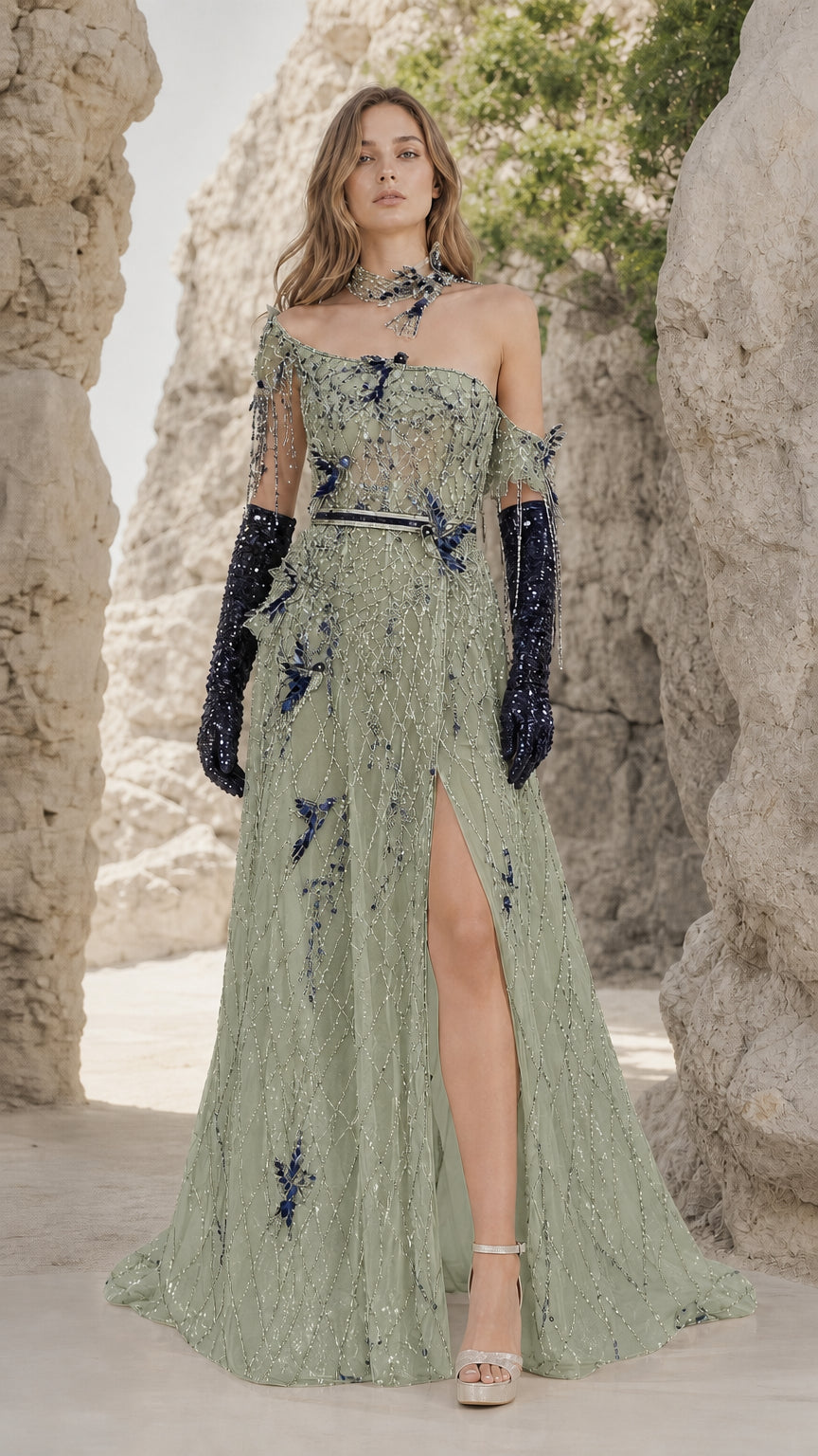 Full front view of Sage Green beaded formal evening gown