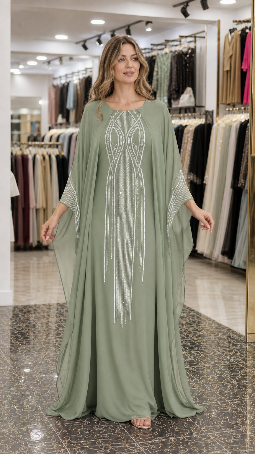 Sage green flowing batwing kaftan maxi dress with crystal embellishments