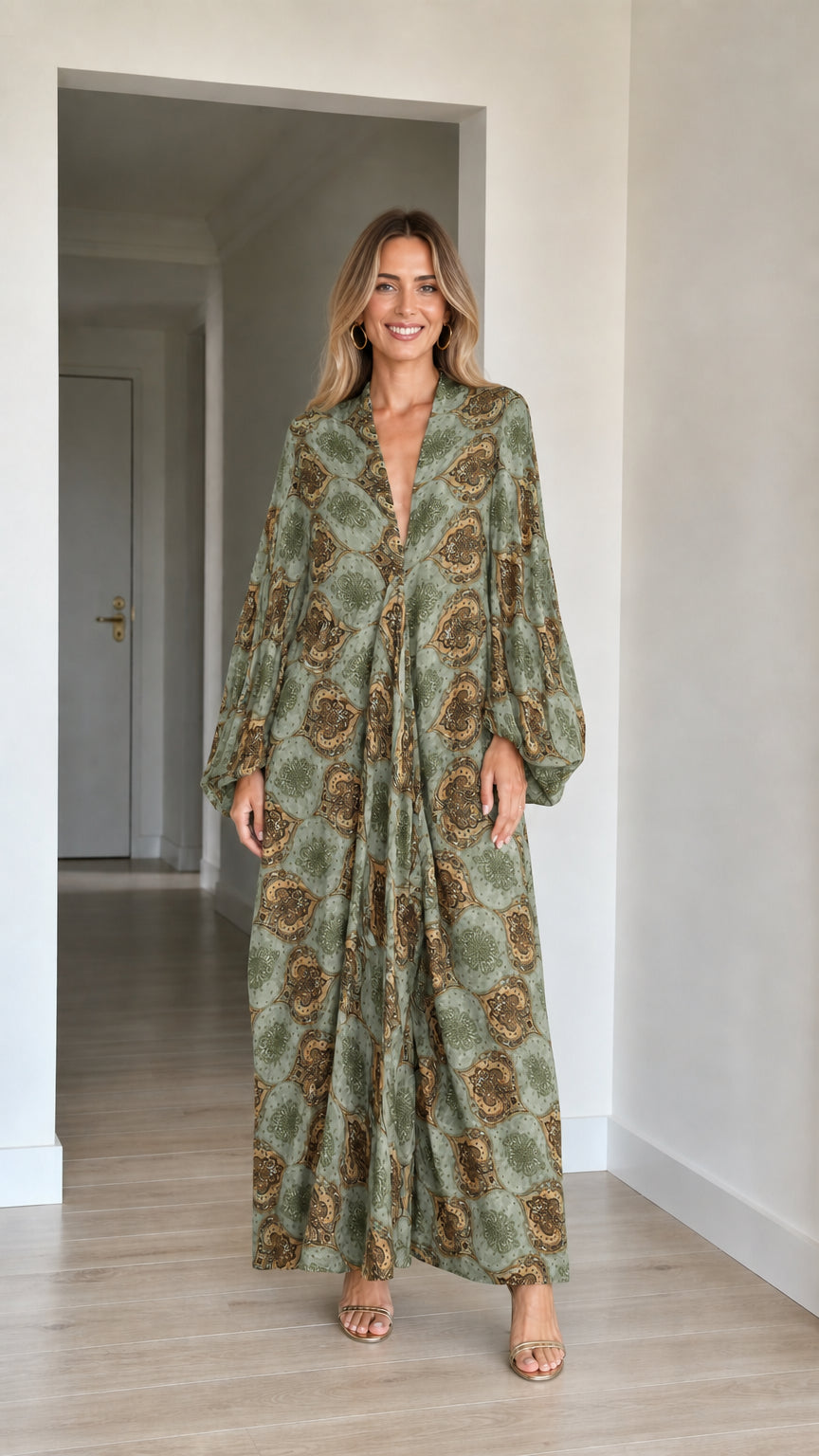 Model wearing Sage Green paisley print bohemian maxi dress