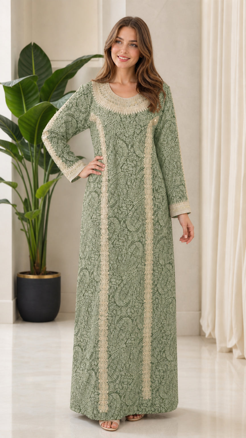 Model wearing sage green embroidered long sleeve kaftan maxi dress