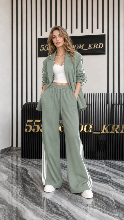 Full front view of women's sage green 2-piece blazer and track pant set