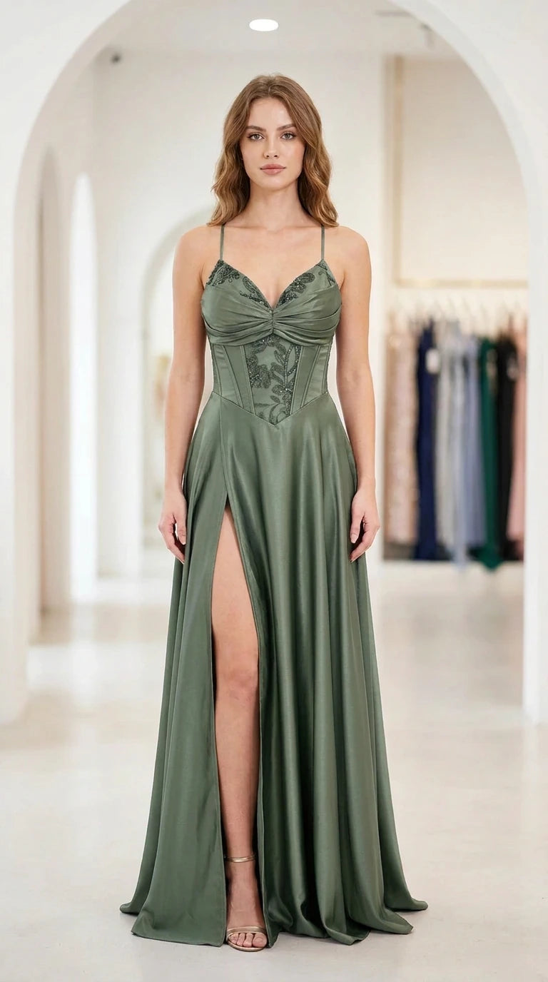 Front full-length view of sage green satin corset formal evening dress
