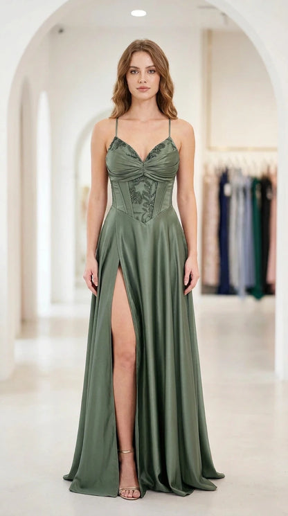 Front full-length view of sage green satin corset formal evening dress
