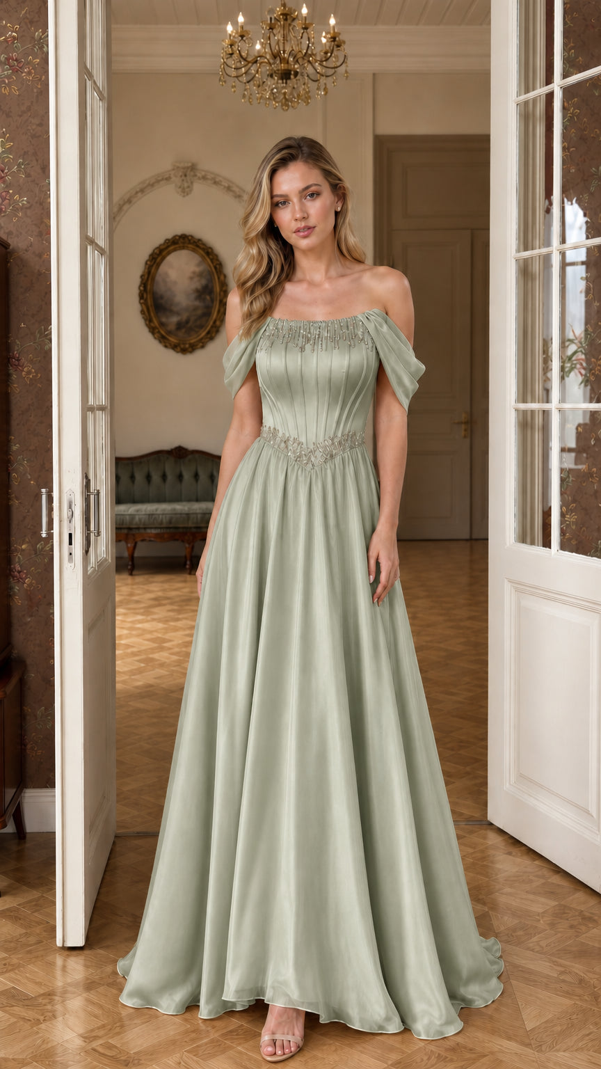 Sage Green off-the-shoulder beaded evening gown front view