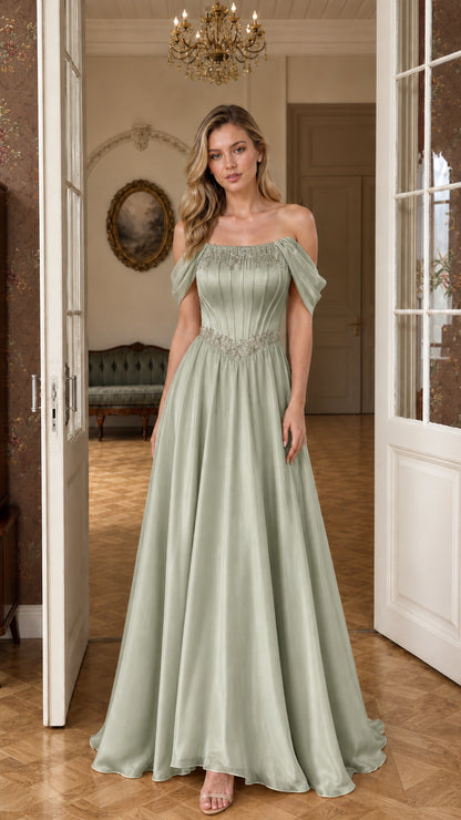 Sage Green off-the-shoulder beaded evening gown front view