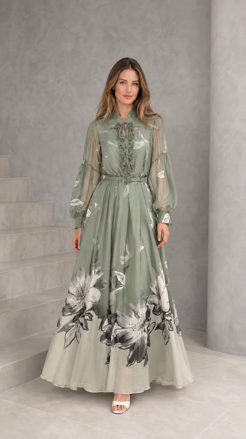 Sage green floral print chiffon maxi dress with long bishop sleeves
