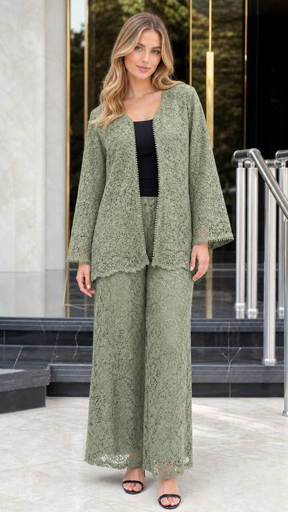 Sage green two-piece floral lace pant suit with wide-leg trousers