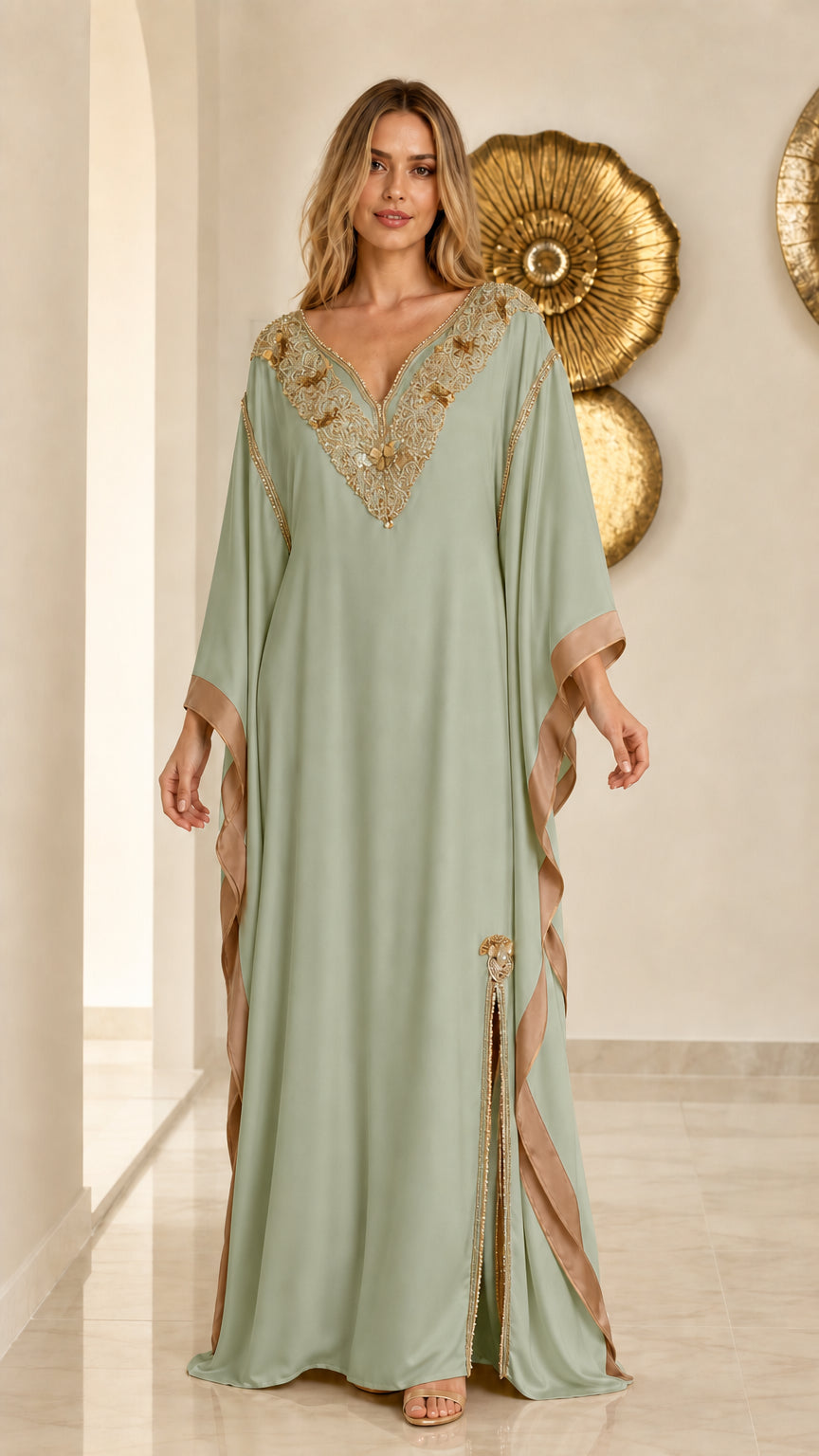 Front view of sage green elegant embroidered kaftan gown