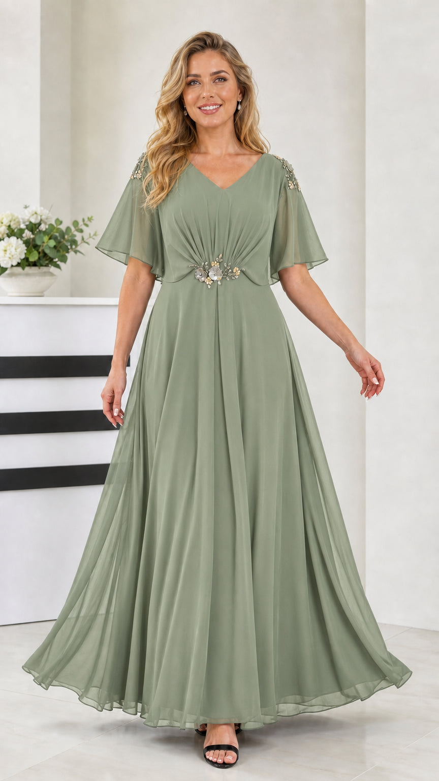 Front view of sage green flutter sleeve chiffon long evening dress
