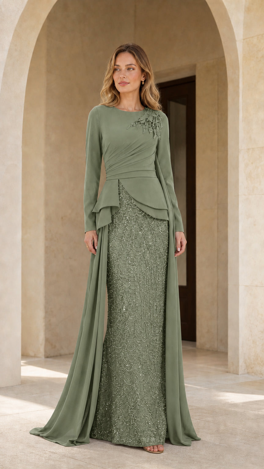 Sage green elegant long sleeve gala gown with draped overlay