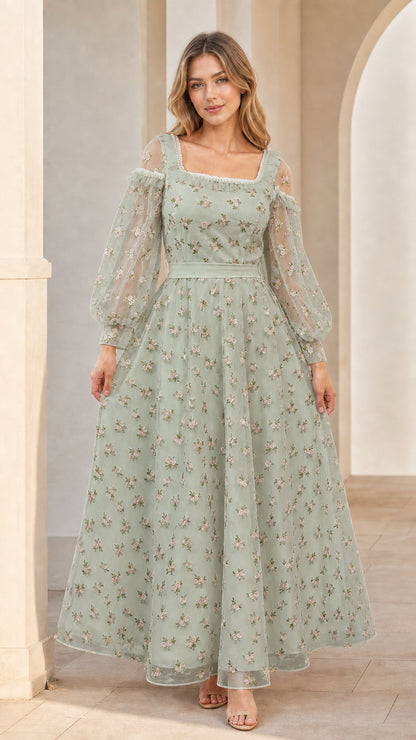 Model wearing sage green floral embroidered long formal dress