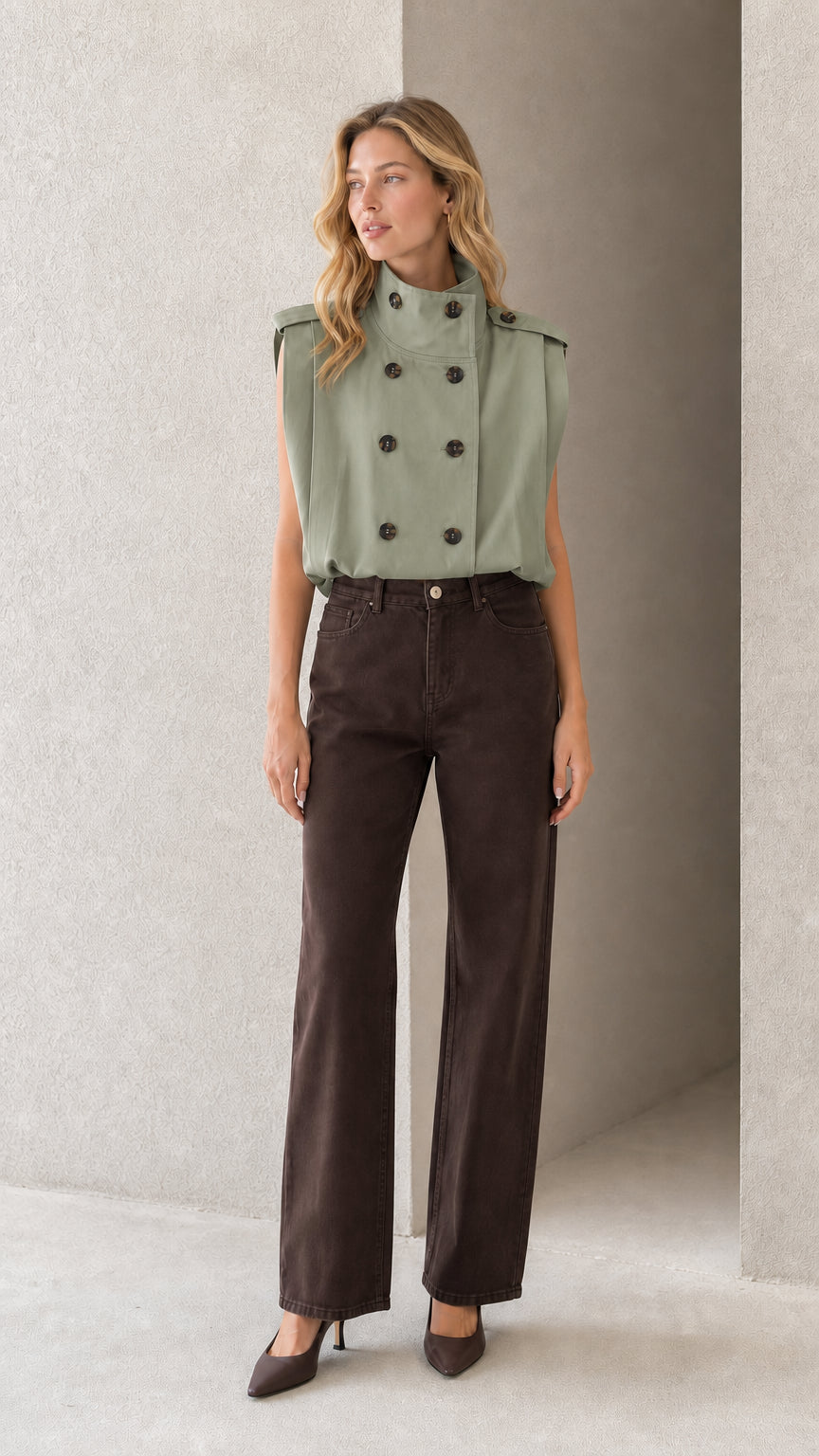 Model wearing sage green sleeveless double-breasted high collar blouse