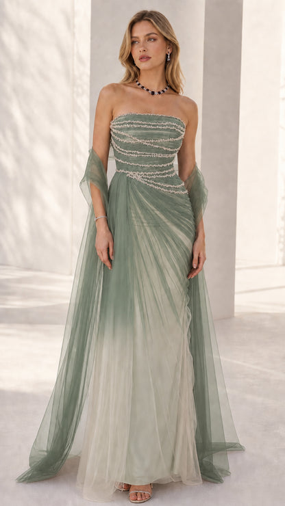 Front view of the strapless beaded formal gown in sage green ombre tulle