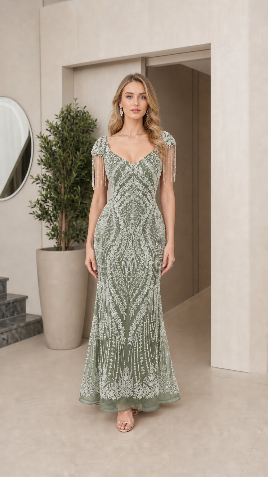 Sage green sequin embellished maxi evening gown