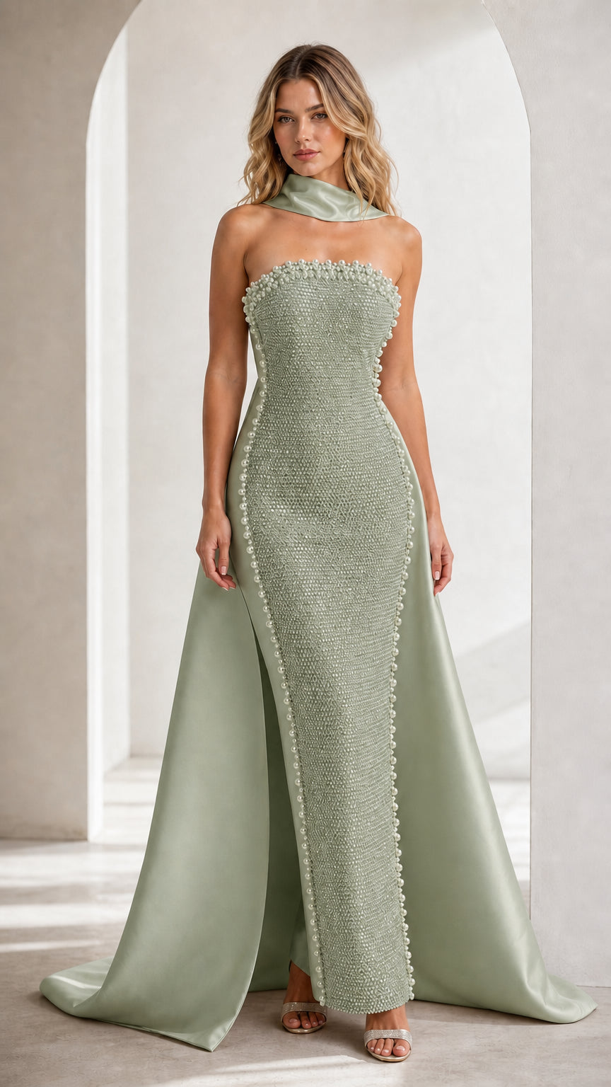 Sage Green pearl-embellished evening maxi dress with satin train
