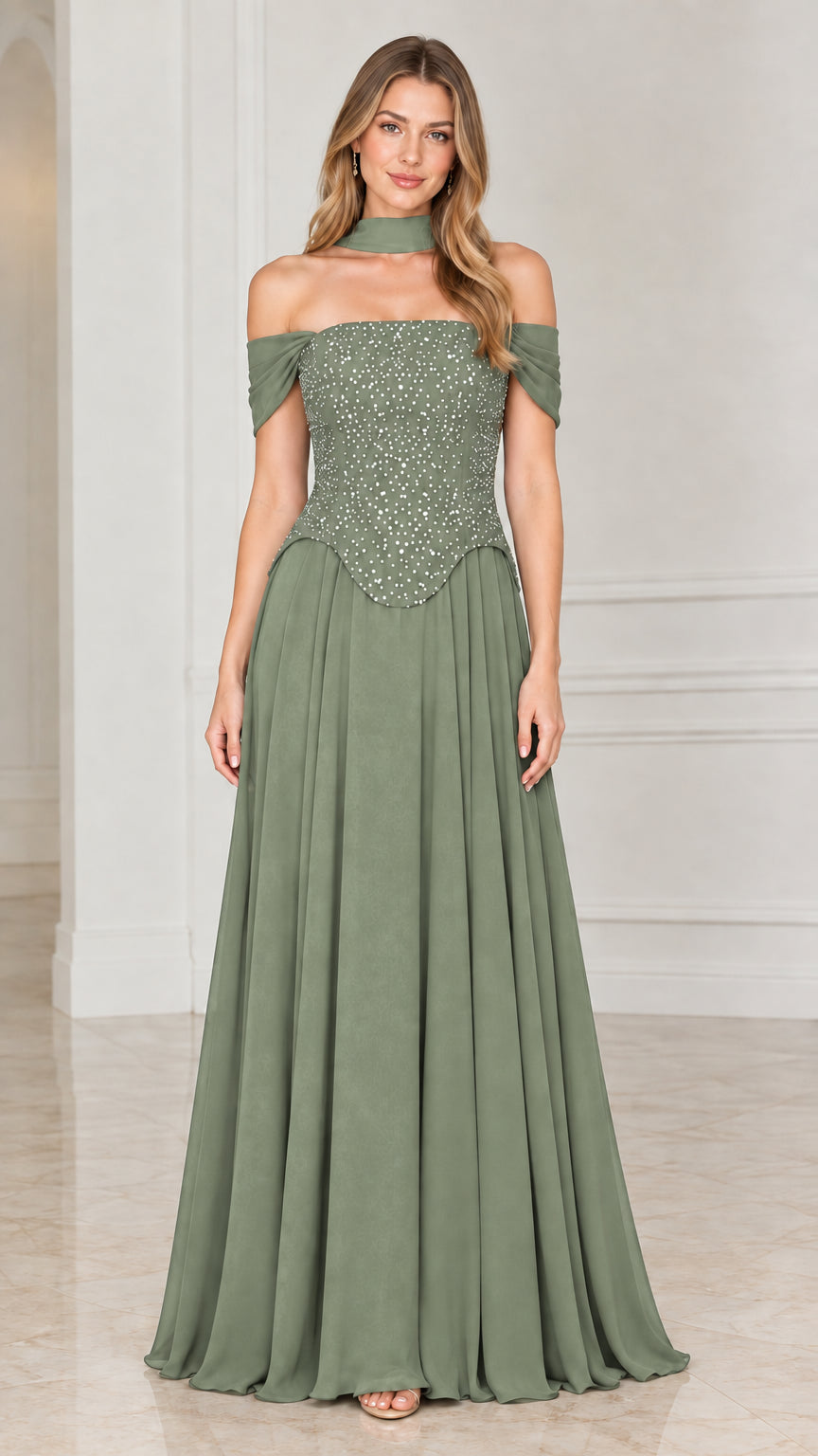 Sage green off-the-shoulder beaded formal maxi gown with matching choker band