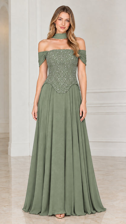 Sage green off-the-shoulder beaded formal maxi gown with matching choker band