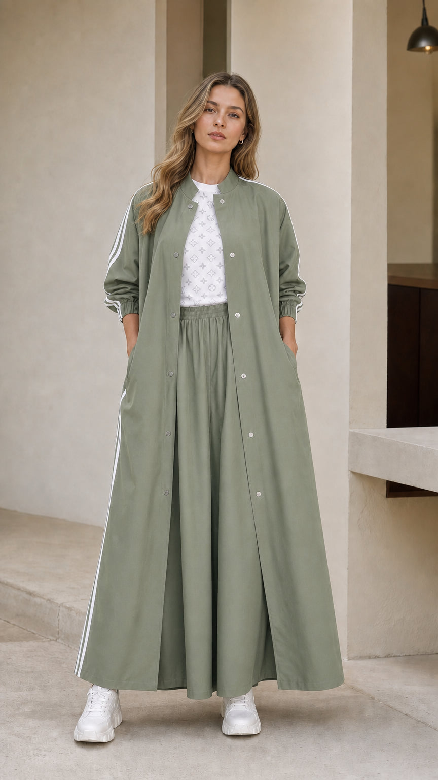 Woman wearing sage green sporty maxi duster coat and wide leg pants set