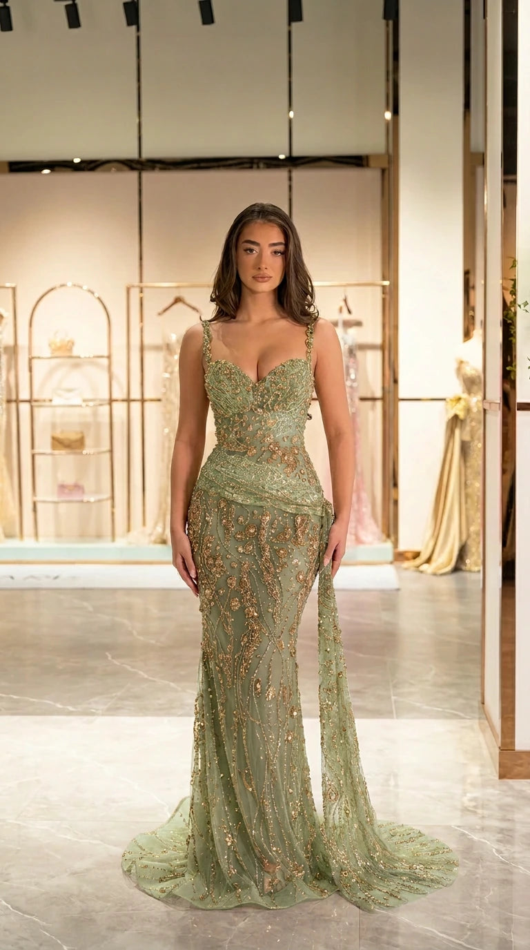 Sage green sequin embellished sweetheart formal evening dress