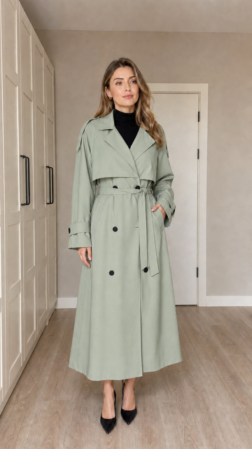 Front full-length view of woman wearing Sage Green double-breasted maxi trench coat with belt