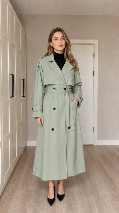 Front full-length view of woman wearing Sage Green double-breasted maxi trench coat with belt