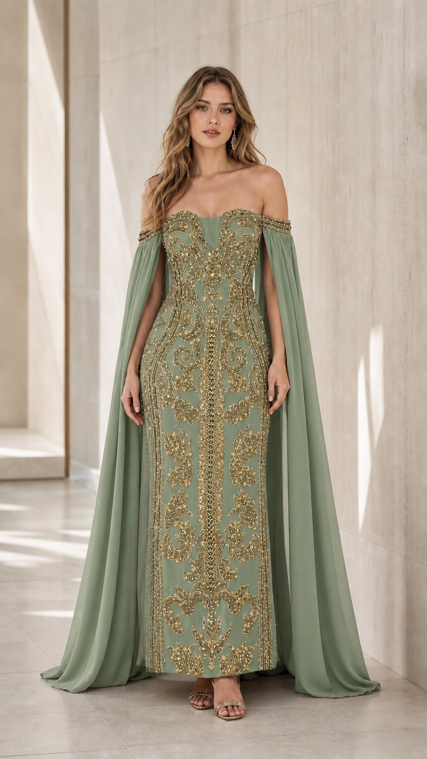 Sage green off-shoulder evening dress with elaborate gold embellishments and cape sleeves