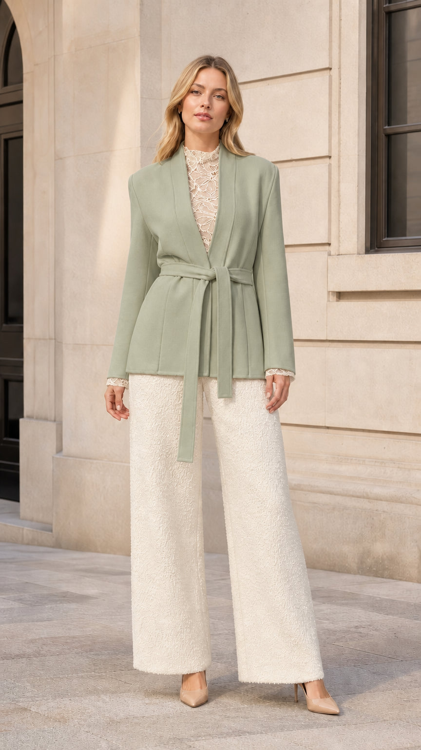 Front view of model wearing sage green belted wrap blazer jacket