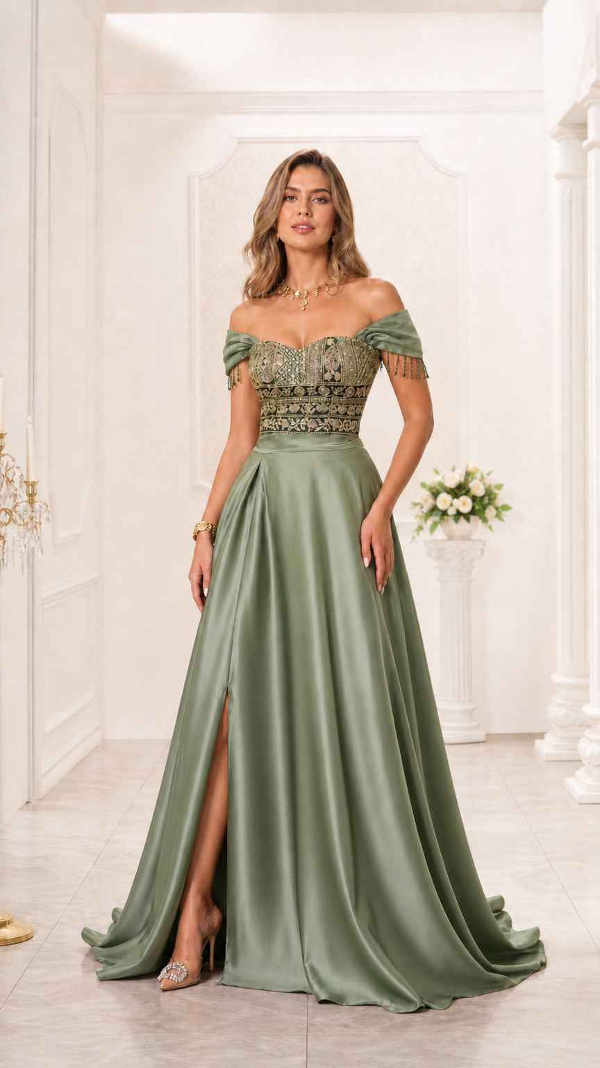 Model wearing sage green off-the-shoulder beaded bodice satin evening gown with slit