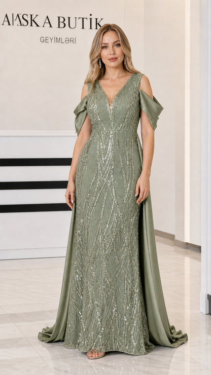 Front view of Sage Green sequin evening dress with flowing satin train