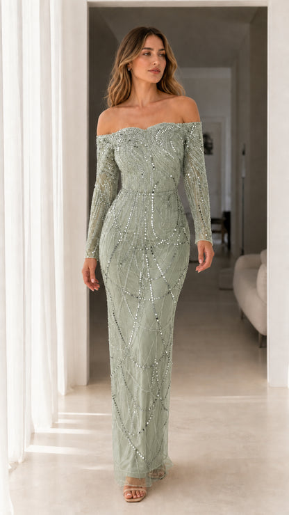 Sage green off-the-shoulder long sleeve sequin maxi evening dress