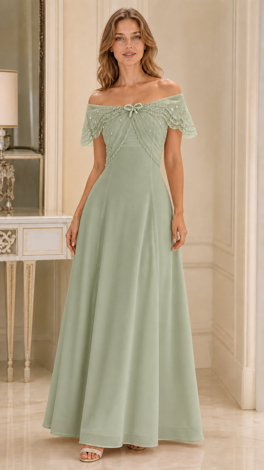 Front view of sage green off-the-shoulder formal evening maxi dress