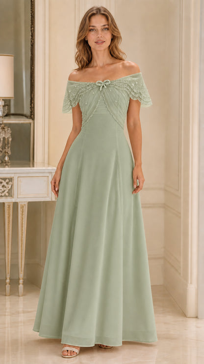 Front view of sage green off-the-shoulder formal evening maxi dress