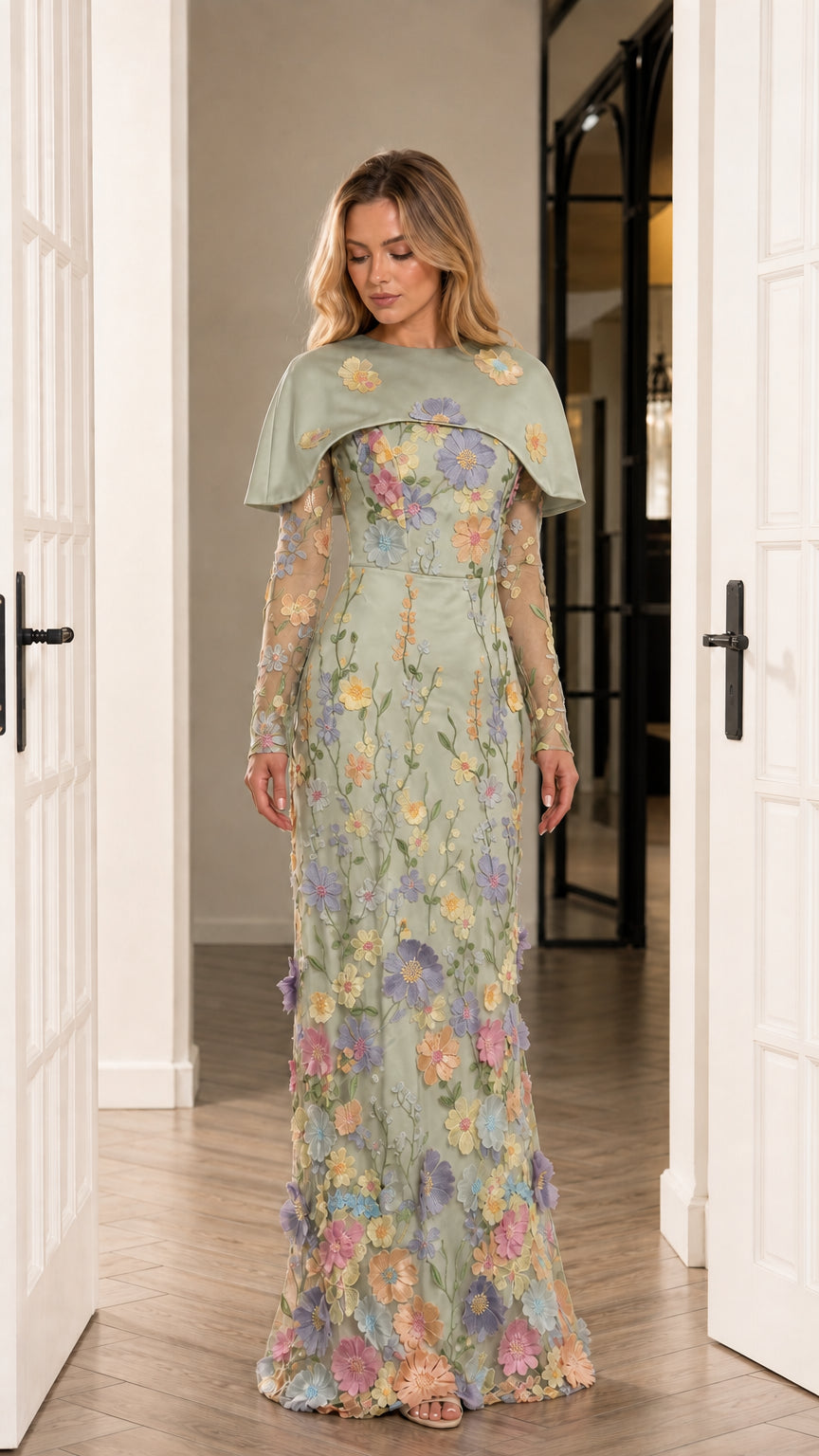 Front view of sage green floral applique formal maxi dress with capelet