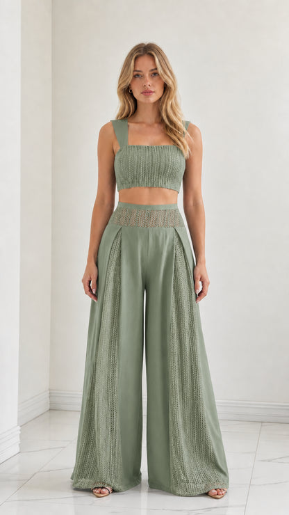 Model wearing Sage Green two-piece crop top and flowing palazzo pants set