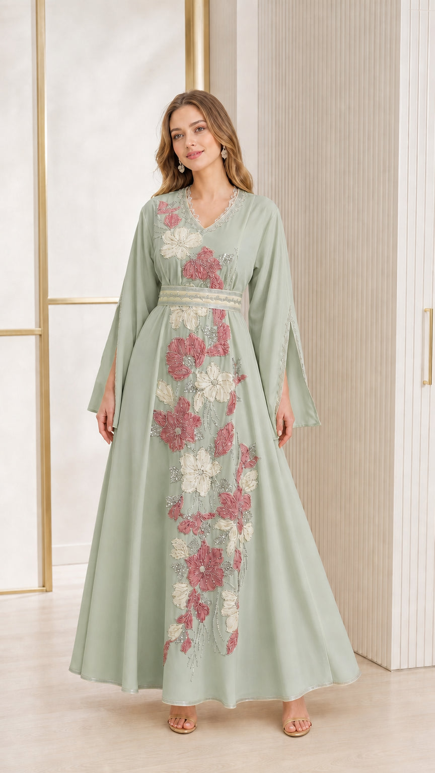 Sage Green floral embroidered evening kaftan maxi dress front view