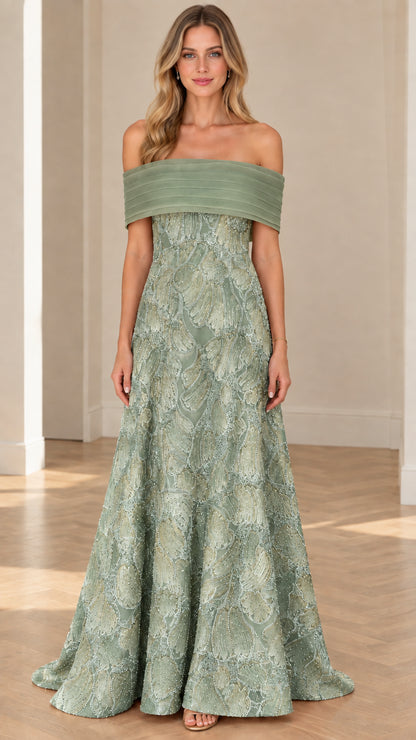 Sage green off-the-shoulder embroidered A-line formal gown front view