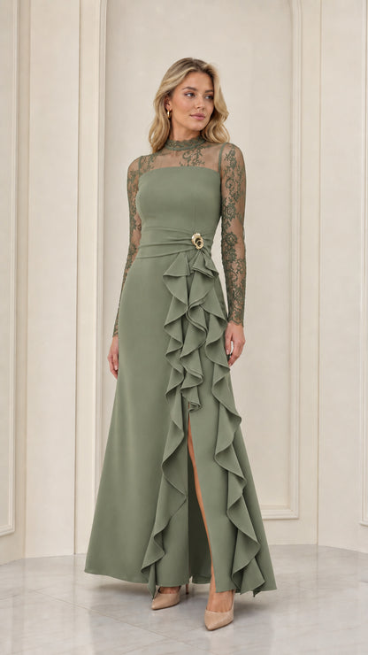 Sage green illusion lace long sleeve evening gown with ruffle skirt slit