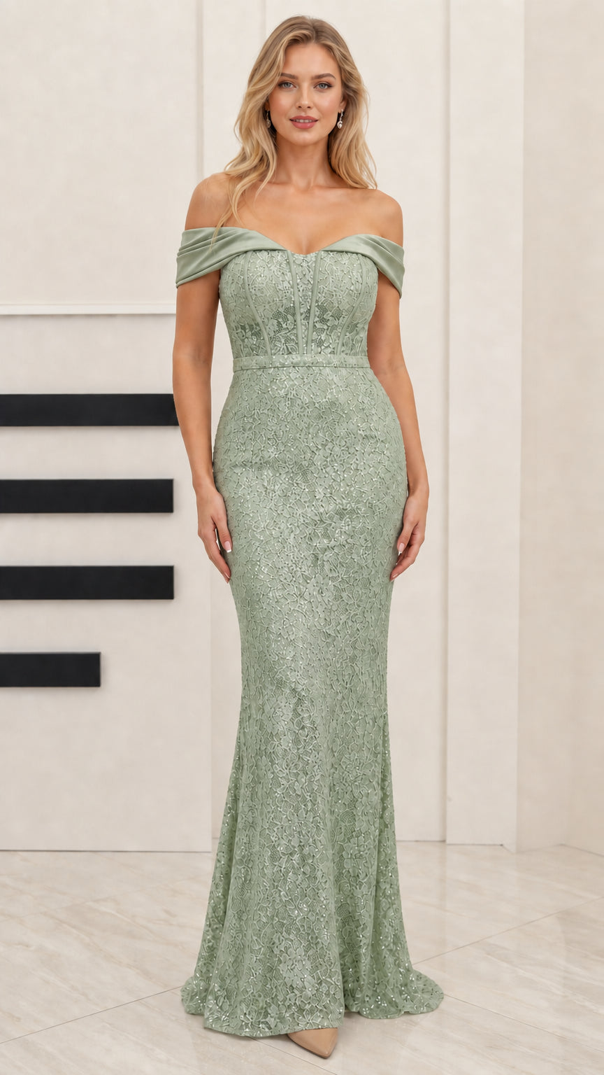 Front full-length view of sage green off-the-shoulder sequin formal gown