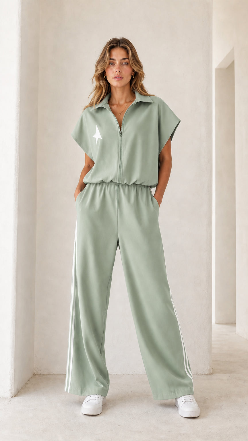 Model wearing sage green short sleeve zip front jumpsuit with white side stripes