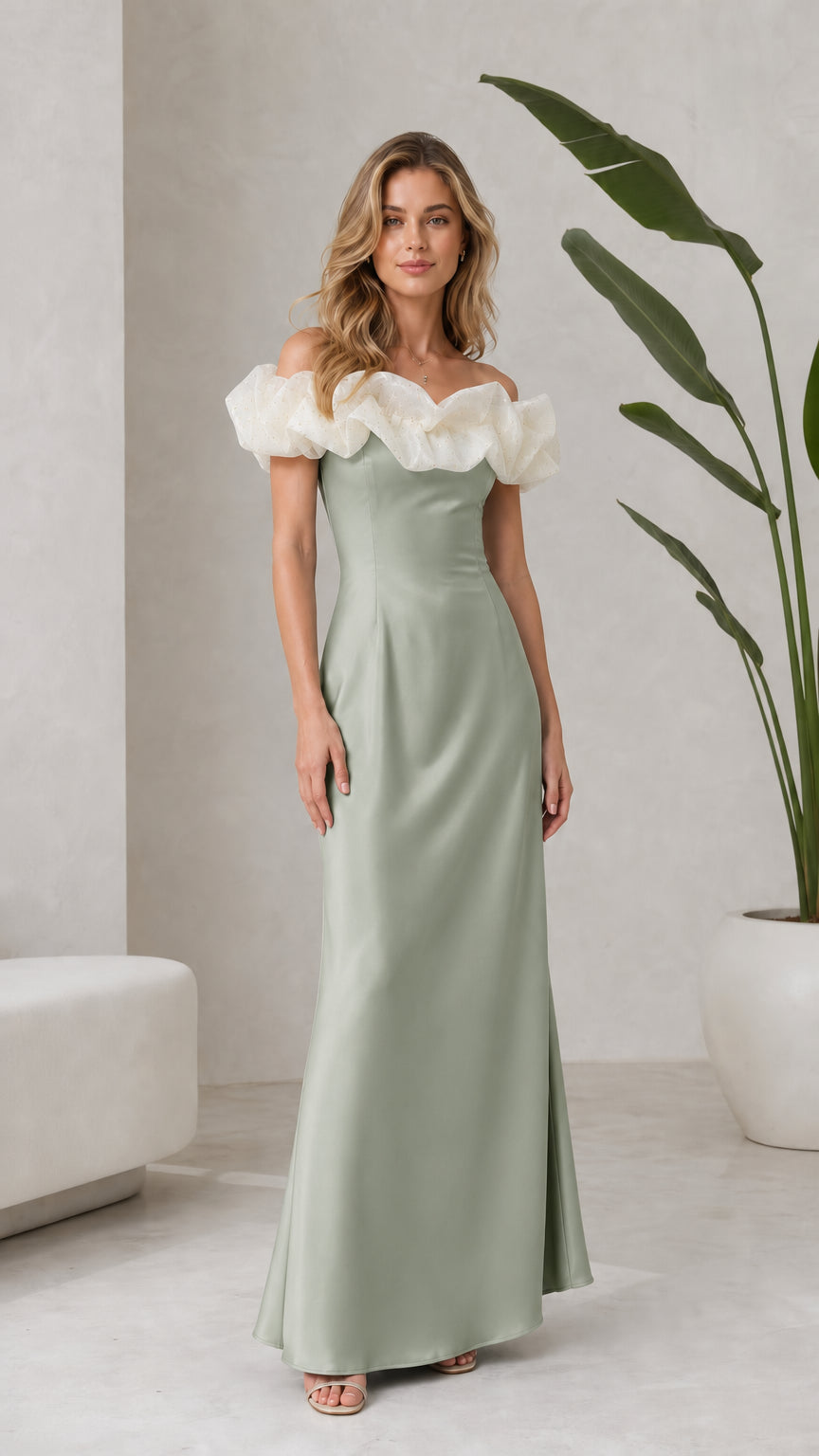 Sage Green off-the-shoulder evening dress with contrast sheer ruffle