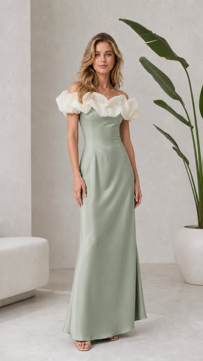 Sage Green off-the-shoulder evening dress with contrast sheer ruffle