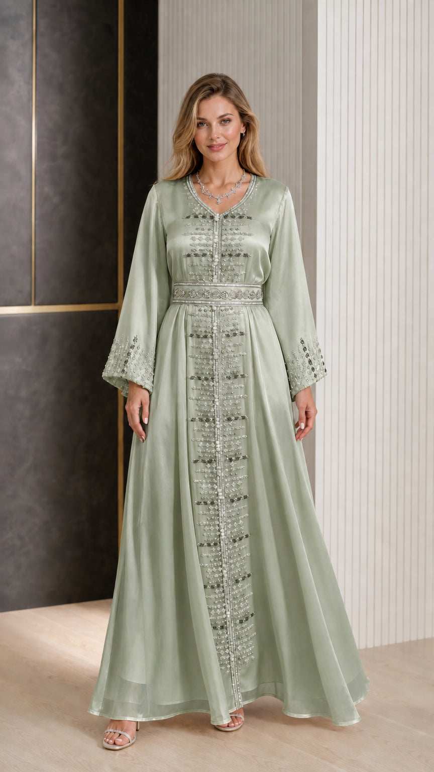 Front view of Sage Green embroidered satin kaftan maxi dress