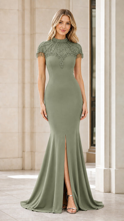 Sage Green High Neck Beaded Mermaid Formal Gown