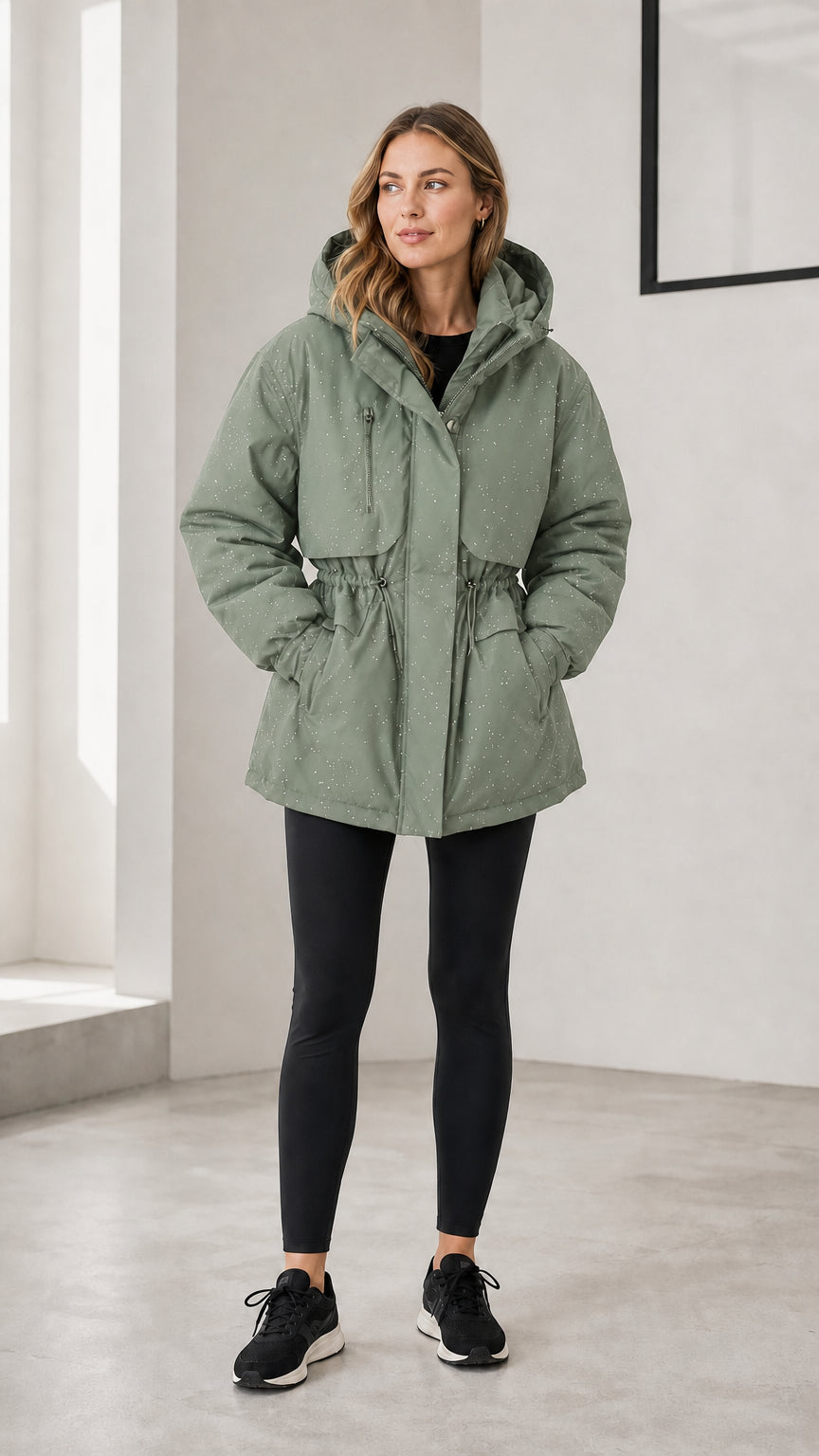 Model wearing sage green hooded drawstring waist winter parka